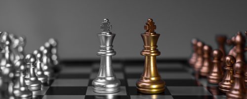 Gold Chess figure team (King, Queen, Bishop, Knight, Rook and Pawn) on Chessboard against opponent during battle. Strategy, Success, management, business planning, think, education and leader concept